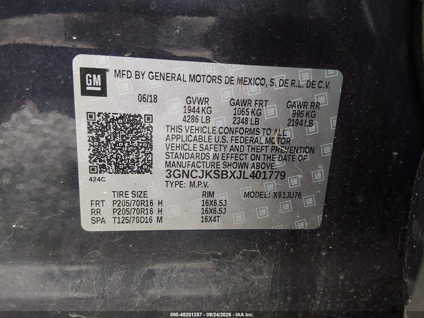 CHEVROLET TRAX 2018 VIN 3GNCJKSBXJL401779
