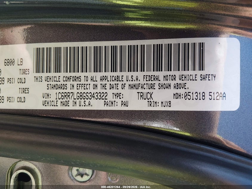 RAM 1500 2016 VIN 1C6RR7LG8GS343322