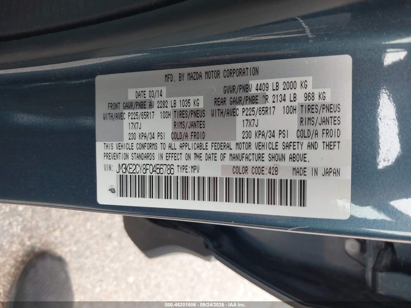 MAZDA CX-5 2015 VIN JM3KE2CY8F0456786