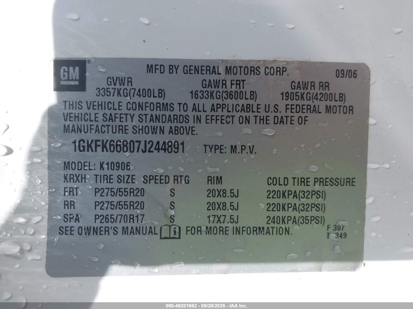 GMC YUKON XL 1500 2007 VIN 1GKFK66807J244891