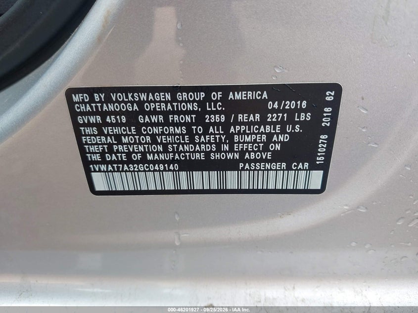 2016 VOLKSWAGEN PASSAT VIN 1VWAT7A32GC049140 — фото 9
