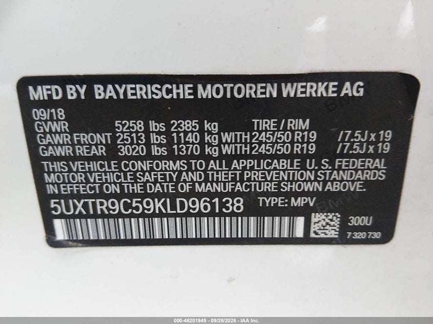 BMW X3 2019 VIN 5UXTR9C59KLD96138