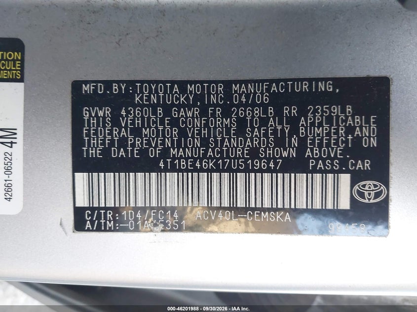 TOYOTA CAMRY 2007 VIN 4T1BE46K17U519647