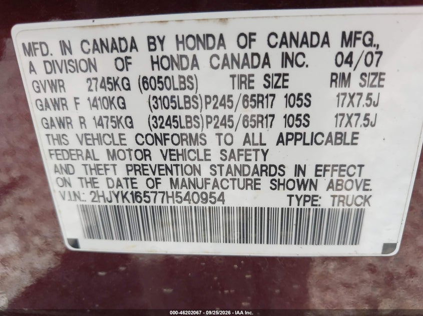 HONDA RIDGELINE 2007 VIN 2HJYK16577H540954