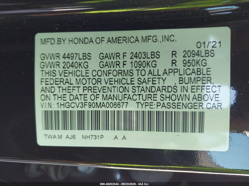 HONDA ACCORD HYBRID 2021 VIN 1HGCV3F90MA006677