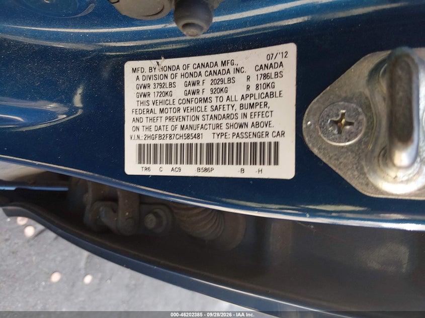 HONDA CIVIC SDN 2012 VIN 2HGFB2F87CH585481