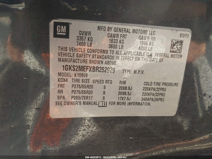 GMC YUKON XL 1500 2011 VIN 1GKS2MEFXBR252929