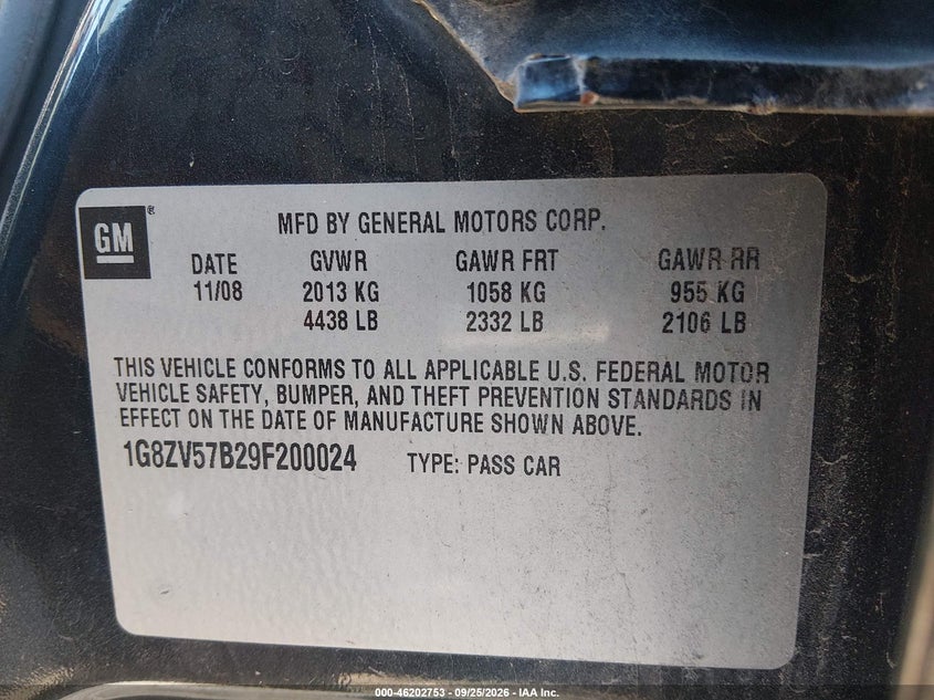 SATURN AURA 2009 VIN 1G8ZV57B29F200024