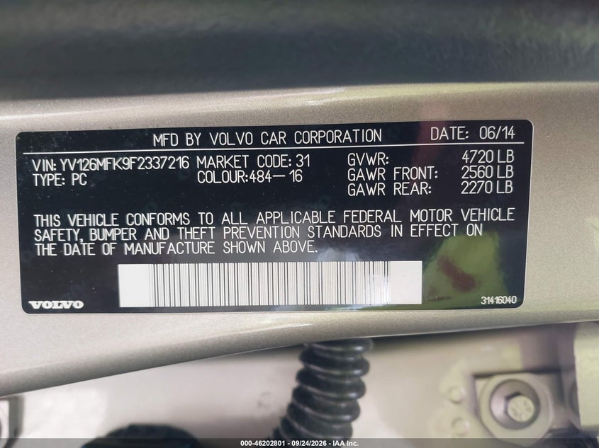 VOLVO S60 2015 VIN YV126MFK9F2337216