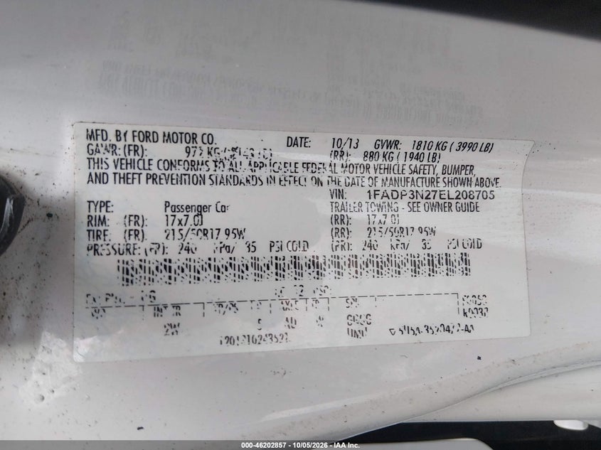 FORD FOCUS 2014 VIN 1FADP3N27EL208705