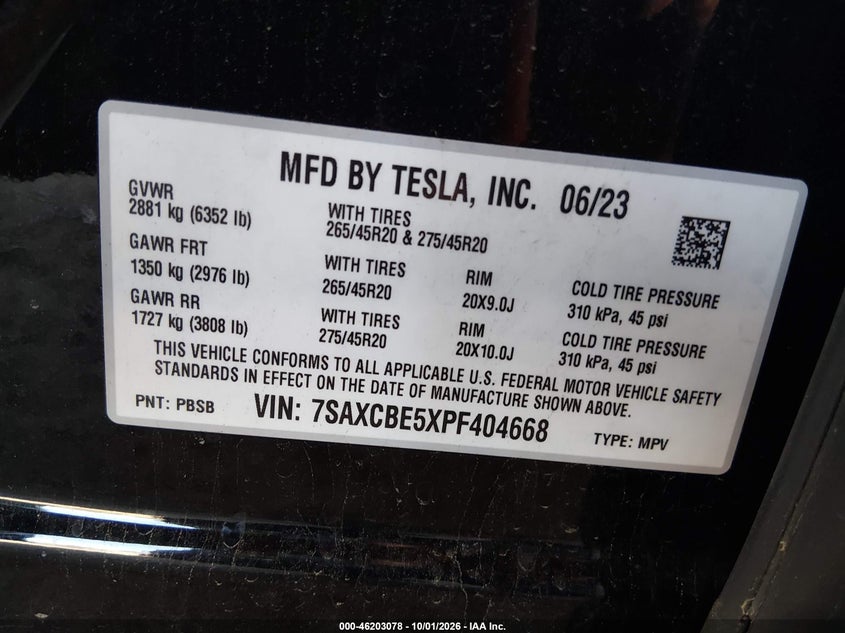 TESLA MODEL X 2023 VIN 7SAXCBE5XPF404668