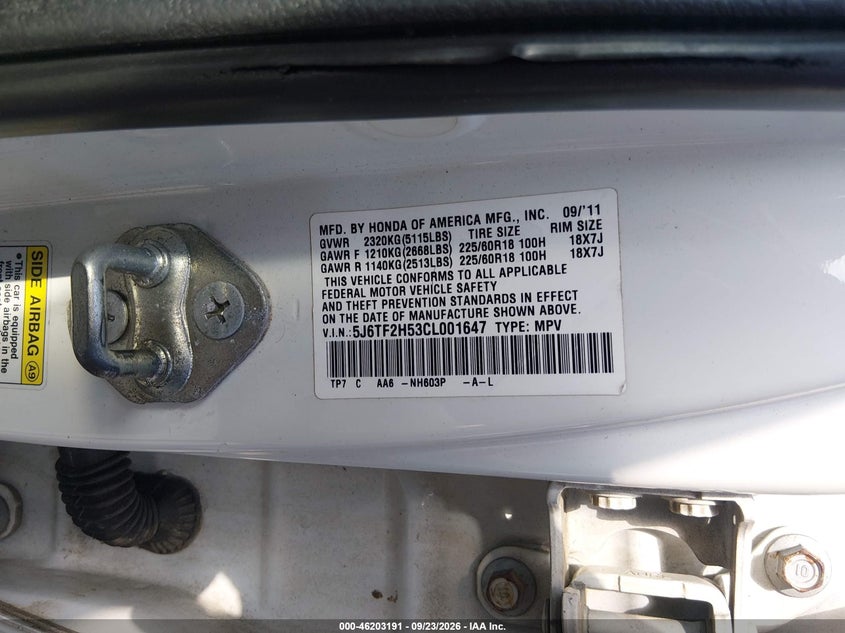HONDA CROSSTOUR 2012 VIN 5J6TF2H53CL001647