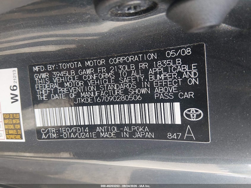 SCION TC 2009 VIN JTKDE167090280506