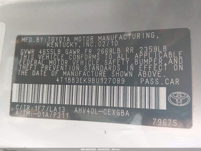 TOYOTA CAMRY HYBRID 2011 VIN 4T1BB3EK9BU127089