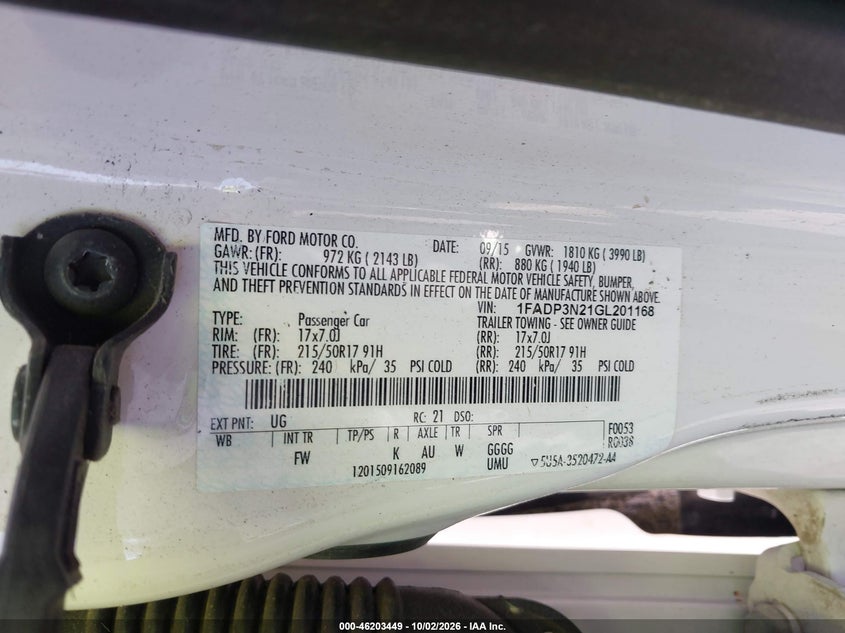 FORD FOCUS 2016 VIN 1FADP3N21GL201168