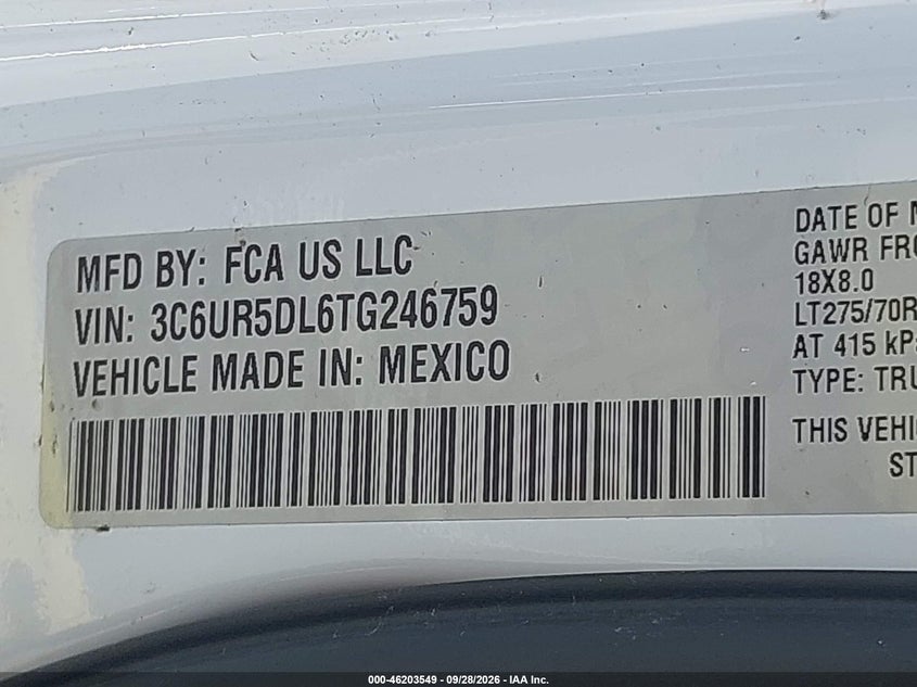 RAM 2500 2026 VIN 3C6UR5DL6TG246759