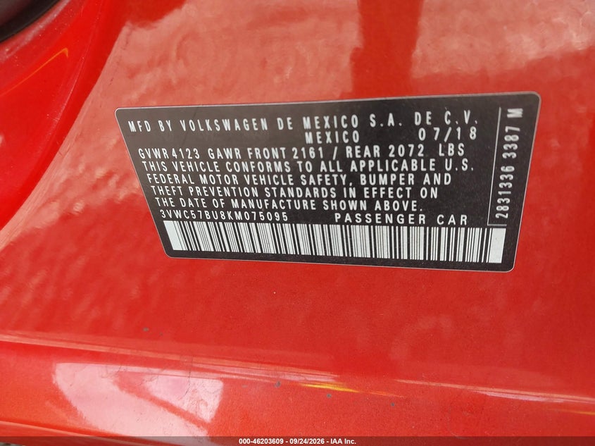 VOLKSWAGEN JETTA 2019 VIN 3VWC57BU8KM075095