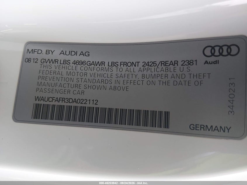 AUDI A5 2013 VIN WAUCFAFR3DA022112