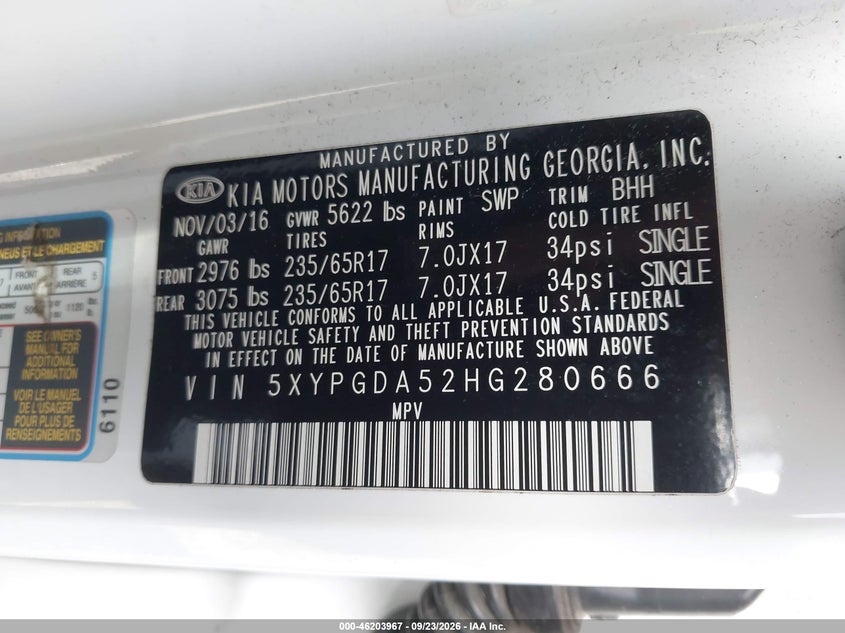 KIA SORENTO 2017 VIN 5XYPGDA52HG280666