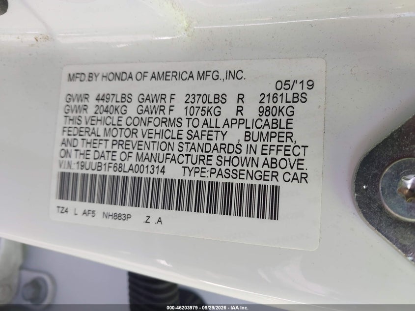ACURA TLX 2020 VIN 19UUB1F68LA001314