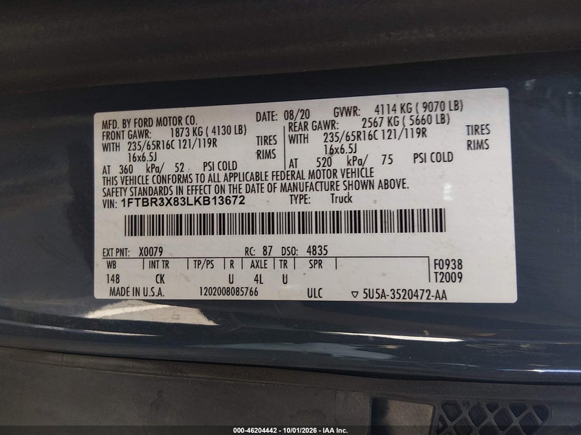 FORD TRANSIT-250 CARGO VAN 2020 VIN 1FTBR3X83LKB13672