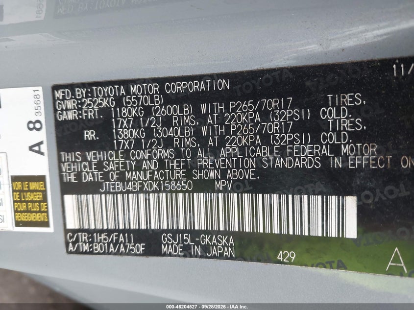 TOYOTA FJ CRUISER 2013 VIN JTEBU4BFXDK158650