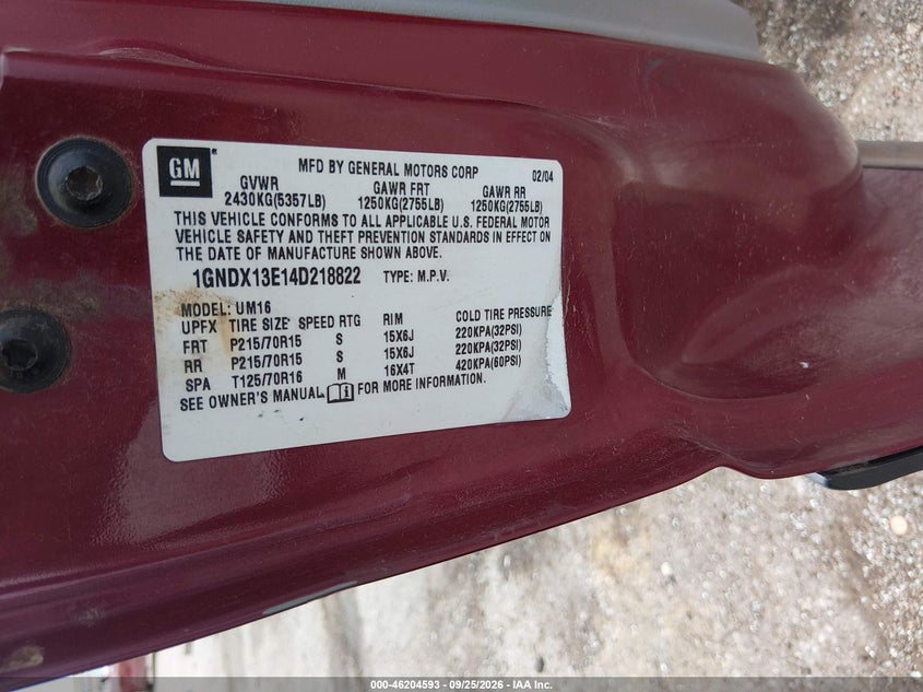 CHEVROLET VENTURE 2004 VIN 1GNDX13E14D218822
