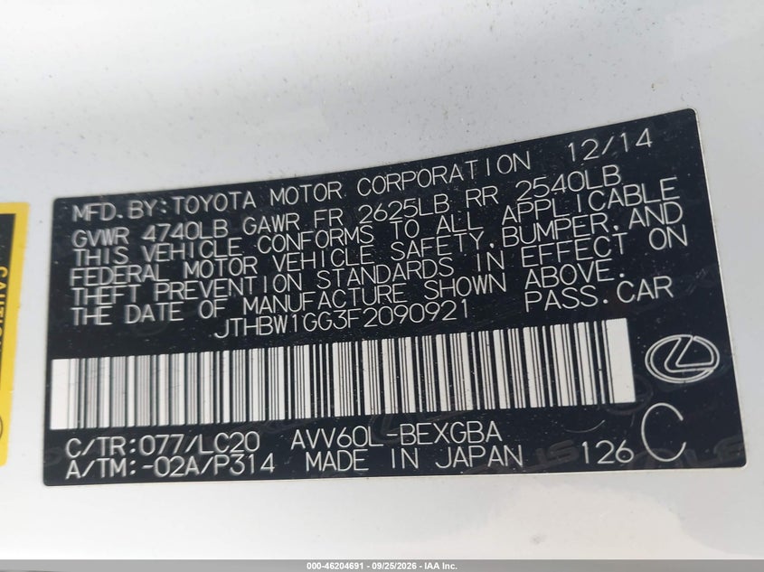 LEXUS ES 300H 2015 VIN JTHBW1GG3F2090921