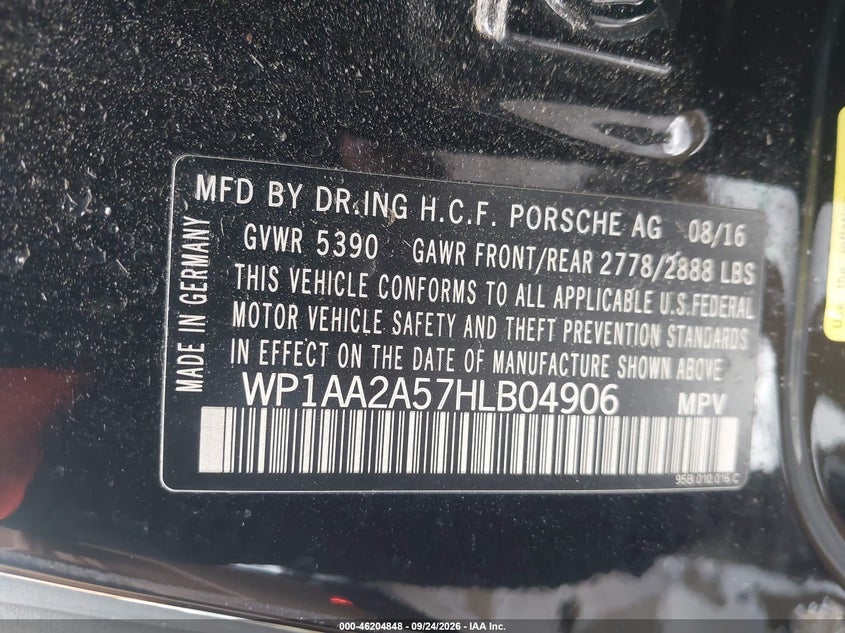 PORSCHE MACAN 2017 VIN WP1AA2A57HLB04906
