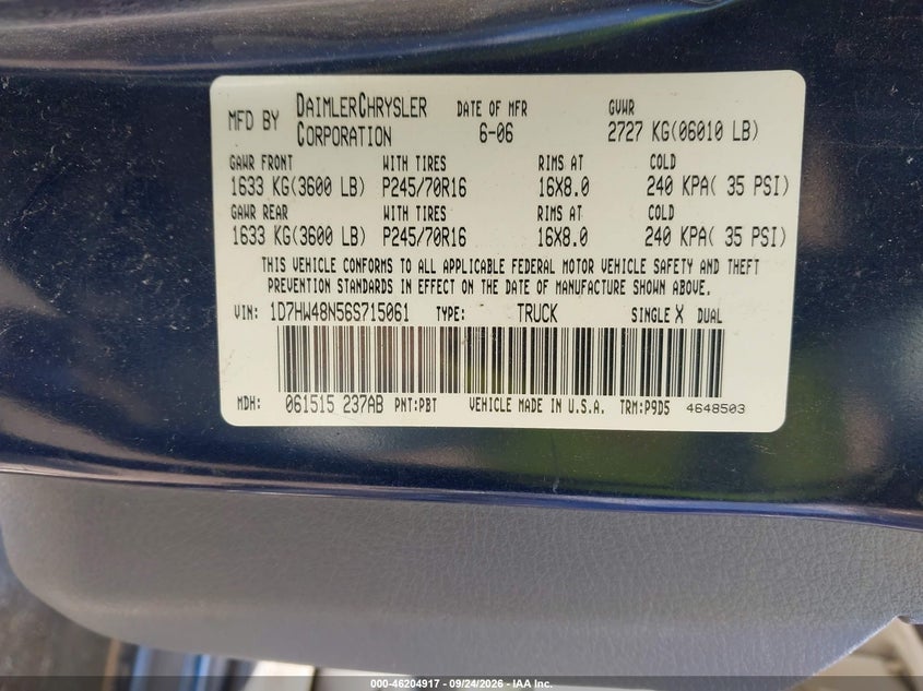 DODGE DAKOTA 2006 VIN 1D7HW48N56S715061