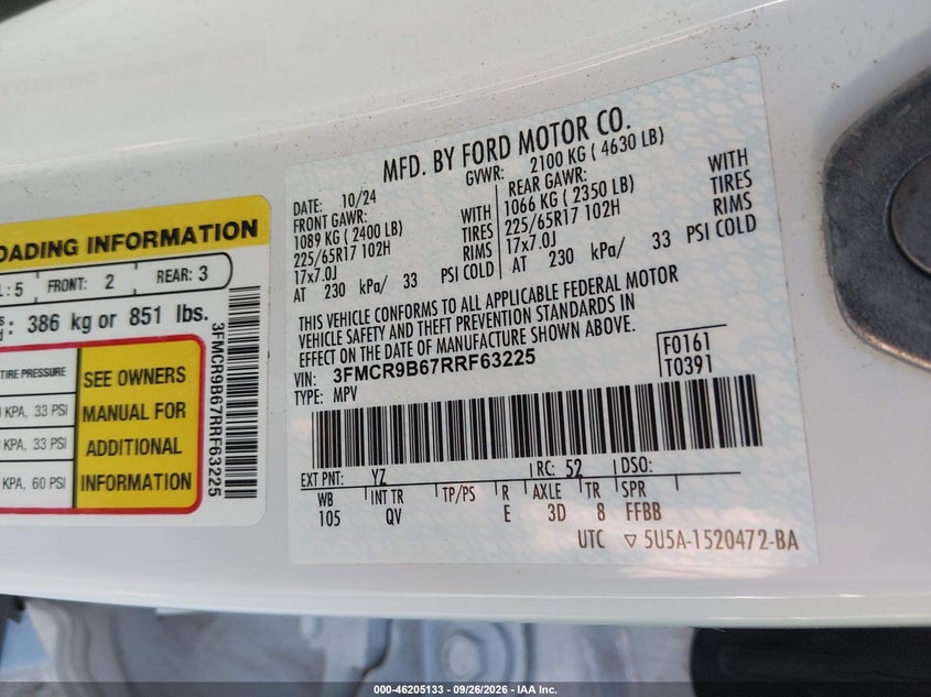 FORD BRONCO SPORT 2024 VIN 3FMCR9B67RRF63225