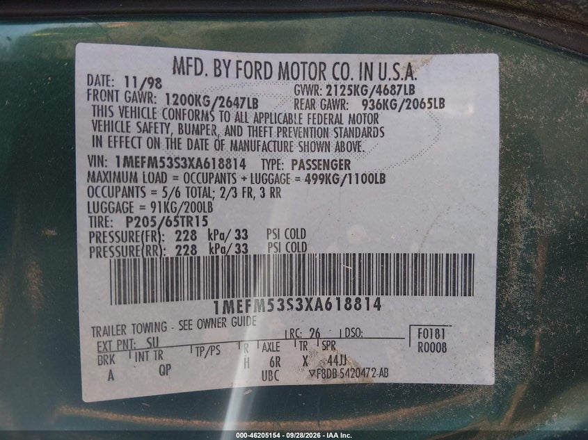 MERCURY SABLE 1999 VIN 1MEFM53S3XA618814
