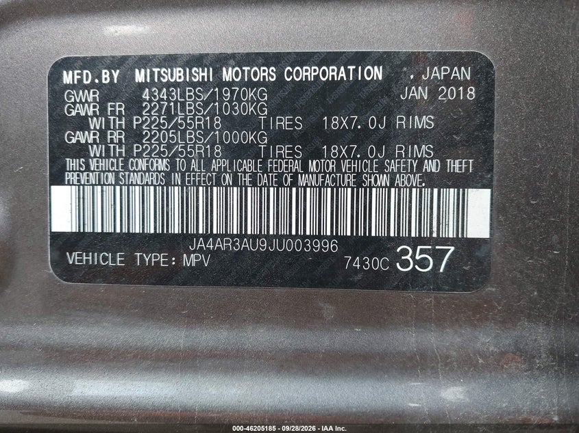 MITSUBISHI OUTLANDER SPORT 2018 VIN JA4AR3AU9JU003996