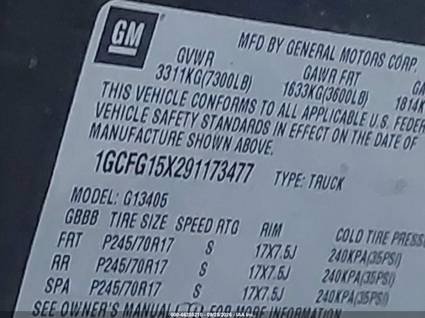 CHEVROLET EXPRESS 2009 VIN 1GCFG15X291173477