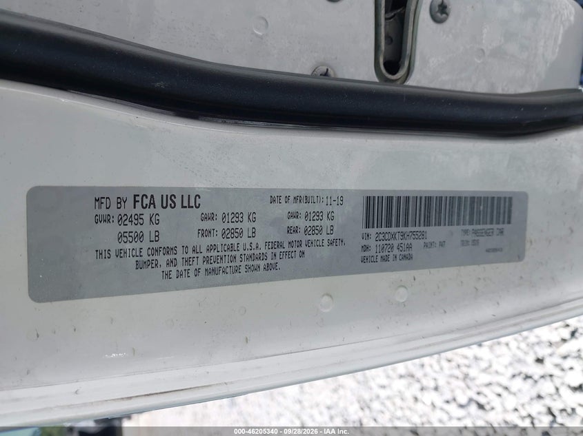 DODGE CHARGER 2019 VIN 2C3CDXKT9KH755281