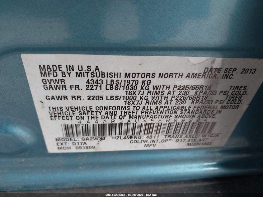 MITSUBISHI OUTLANDER SPORT 2014 VIN 4A4AR3AUXEE009904