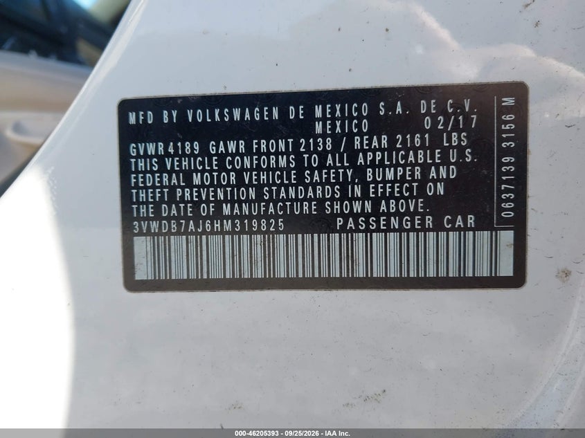 VOLKSWAGEN JETTA 2017 VIN 3VWDB7AJ6HM319825
