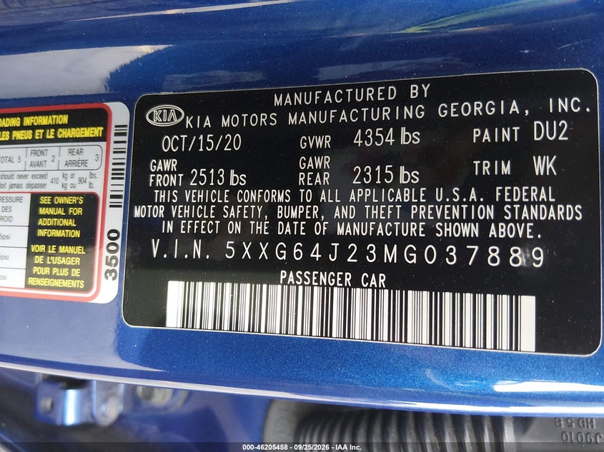 KIA K5 2021 VIN 5XXG64J23MG037889