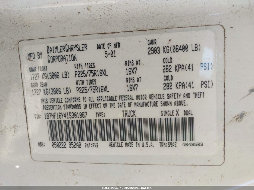 DODGE RAM 1500 2001 VIN 1B7HF16Y41S301087