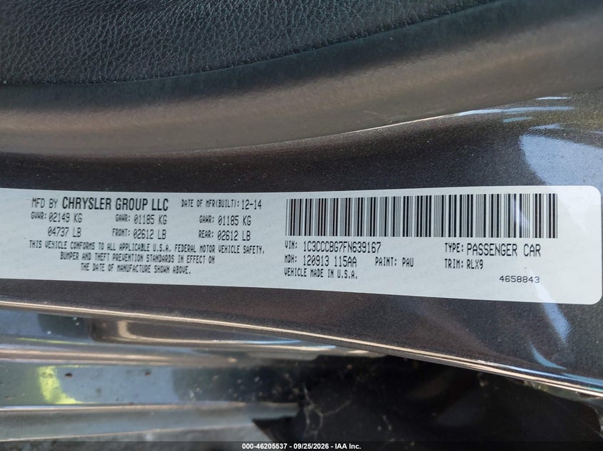 CHRYSLER 200 2015 VIN 1C3CCCBG7FN639167