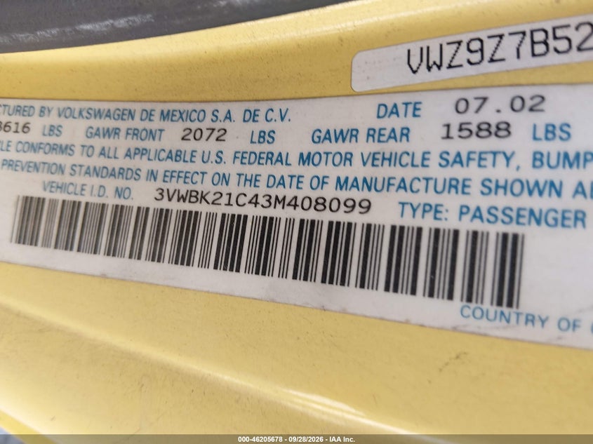 VOLKSWAGEN NEW BEETLE 2003 VIN 3VWBK21C43M408099