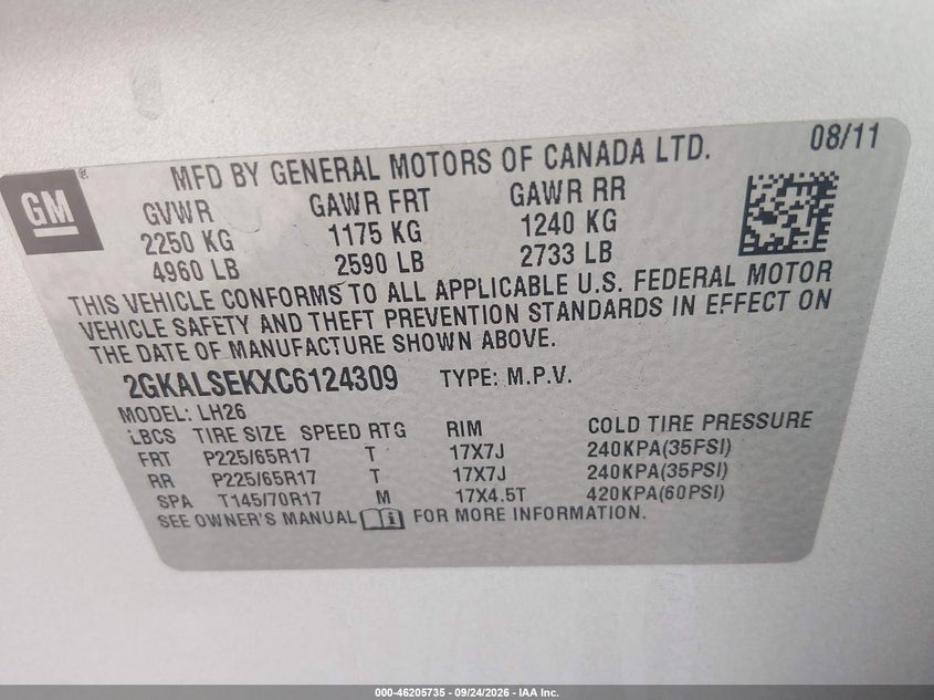 GMC TERRAIN 2012 VIN 2GKALSEKXC6124309