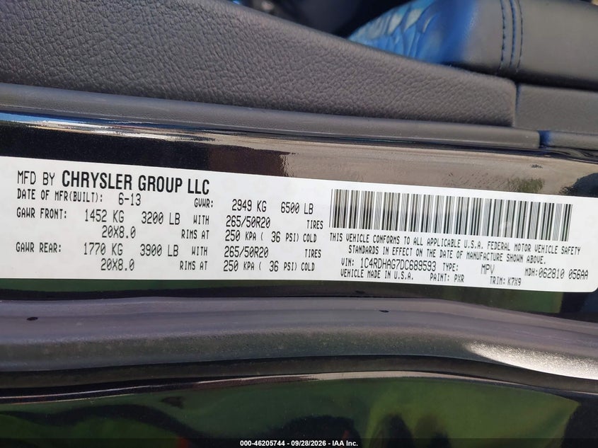 DODGE DURANGO 2013 VIN 1C4RDHAG7DC689593