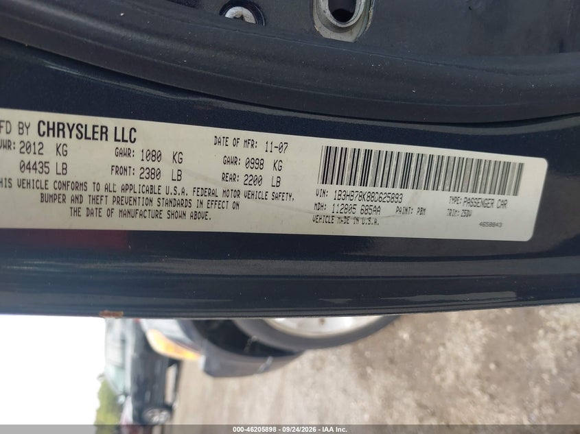 DODGE CALIBER 2008 VIN 1B3HB78K88D625893