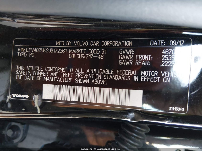 VOLVO S60 INSCRIPTION 2018 VIN LYV402HK2JB172361