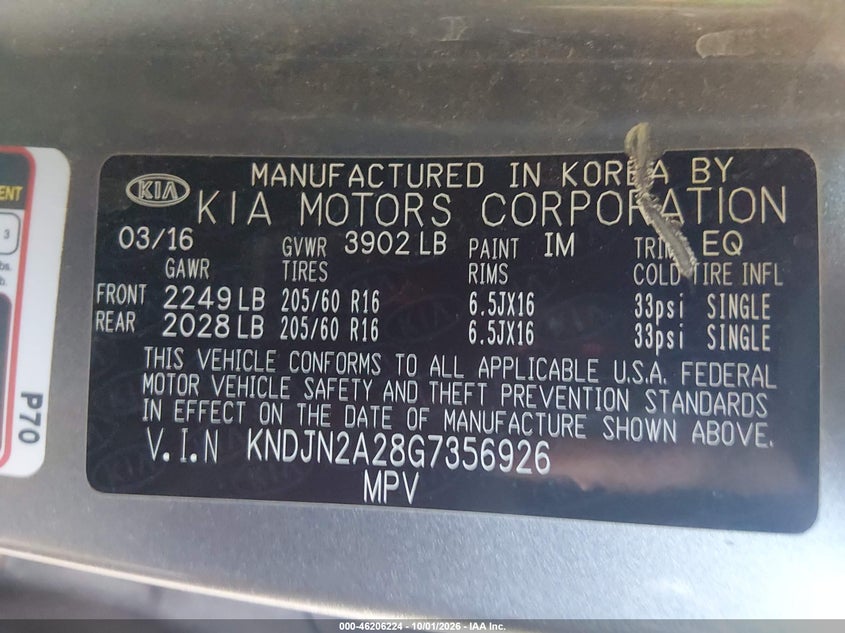 KIA SOUL 2016 VIN KNDJN2A28G7356926