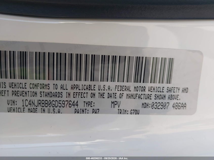 JEEP PATRIOT 2016 VIN 1C4NJRBB0GD597644