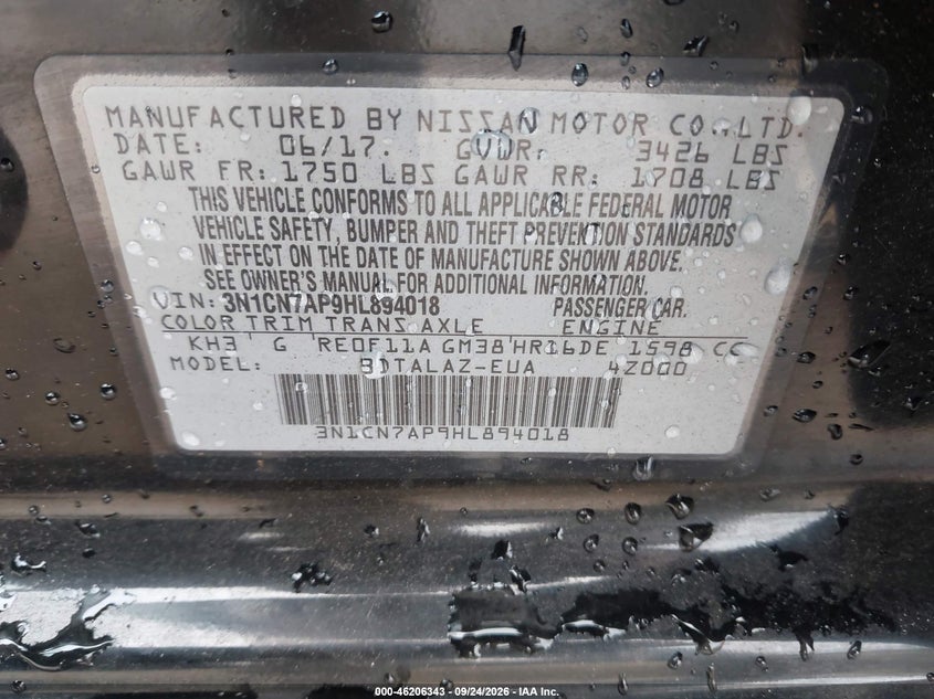 NISSAN VERSA 2017 VIN 3N1CN7AP9HL894018