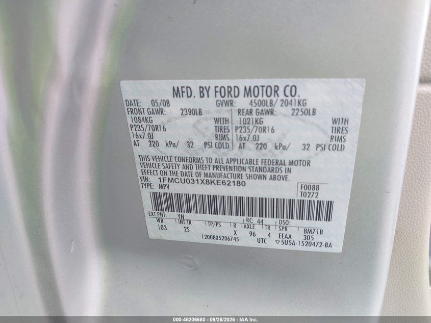 FORD ESCAPE 2008 VIN 1FMCU031X8KE62180