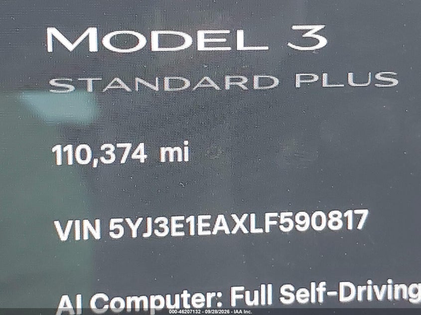 TESLA MODEL 3 2020 VIN 5YJ3E1EAXLF590817